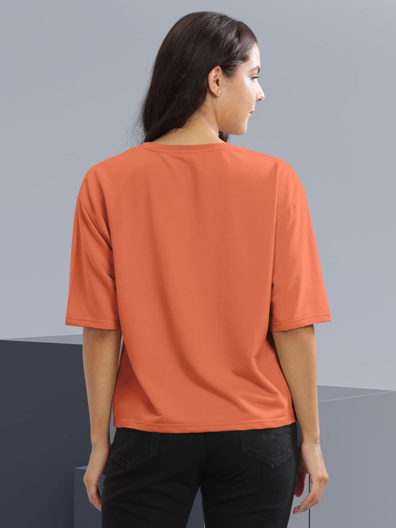 HELLCAT Cotton Blend Orange Printed Loose Fit Crew-Neck Crop T-Shirt for Women/Orange/XX-Large - Image 3