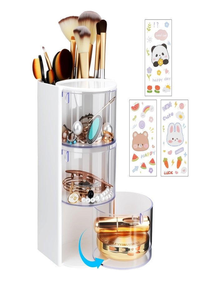 JIABEIUS 3-Tier Clear Hair Accessories Organizer with Makeup Brush Holder, Rotatable Jewelry Storage Box with Cute Stickers for Bows & Clips, Desktop Organizer Case for Bathroom Vanity Countertop (White) - Image 1