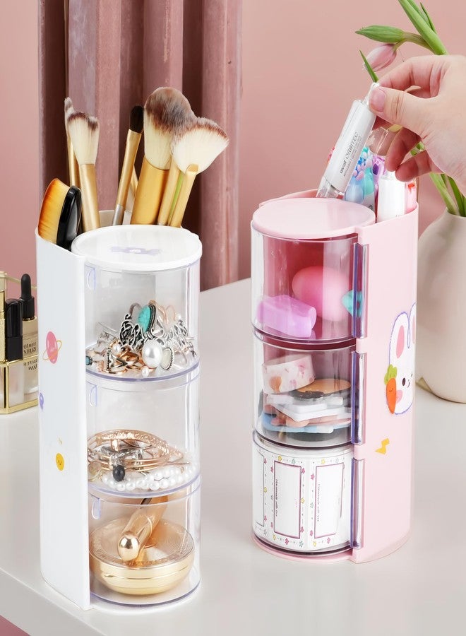 JIABEIUS 3-Tier Clear Hair Accessories Organizer with Makeup Brush Holder, Rotatable Jewelry Storage Box with Cute Stickers for Bows & Clips, Desktop Organizer Case for Bathroom Vanity Countertop (White) - Image 5