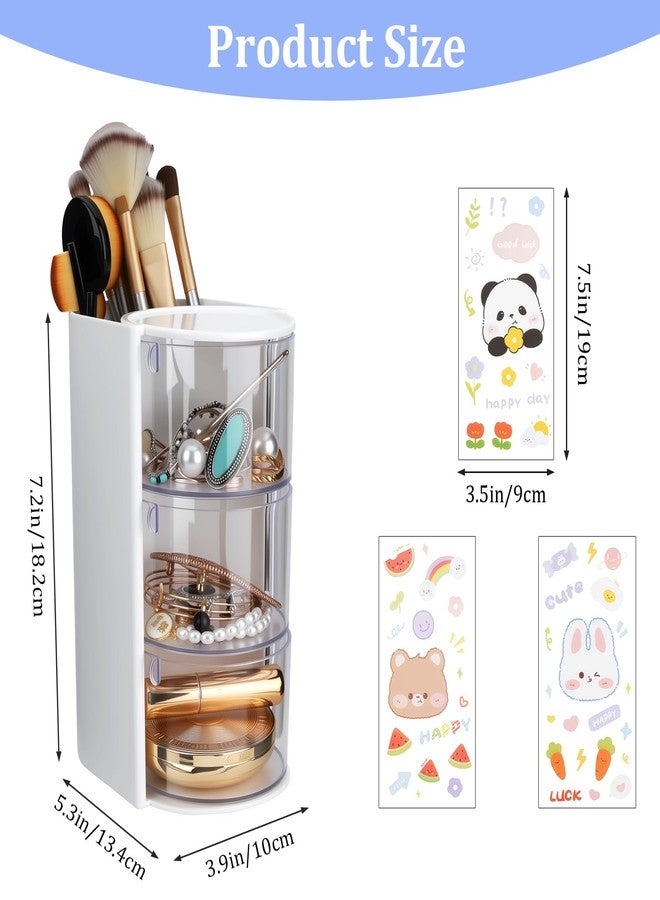 JIABEIUS 3-Tier Clear Hair Accessories Organizer with Makeup Brush Holder, Rotatable Jewelry Storage Box with Cute Stickers for Bows & Clips, Desktop Organizer Case for Bathroom Vanity Countertop (White) - Image 2