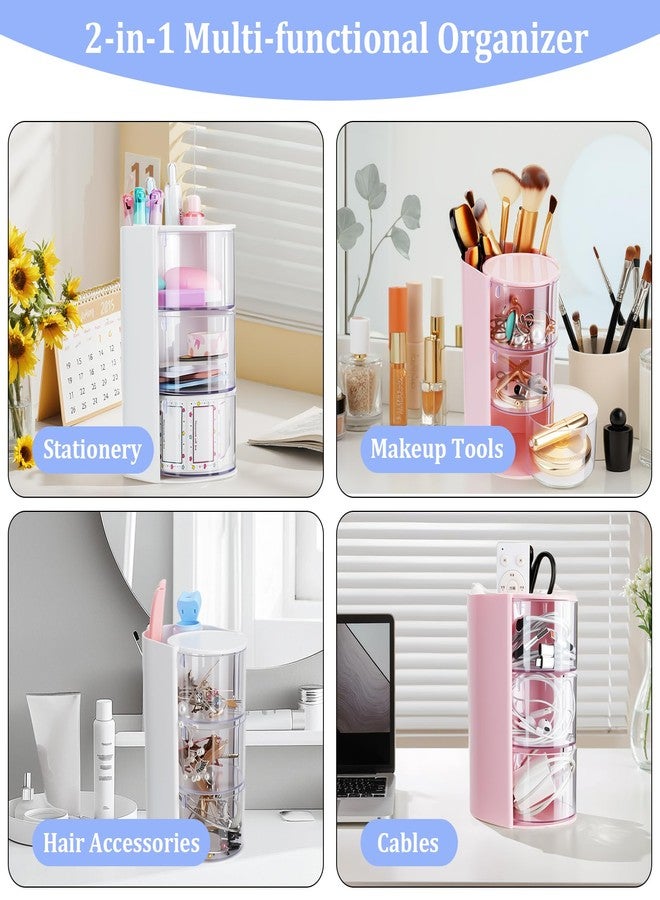 JIABEIUS 3-Tier Clear Hair Accessories Organizer with Makeup Brush Holder, Rotatable Jewelry Storage Box with Cute Stickers for Bows & Clips, Desktop Organizer Case for Bathroom Vanity Countertop (White) - Image 4