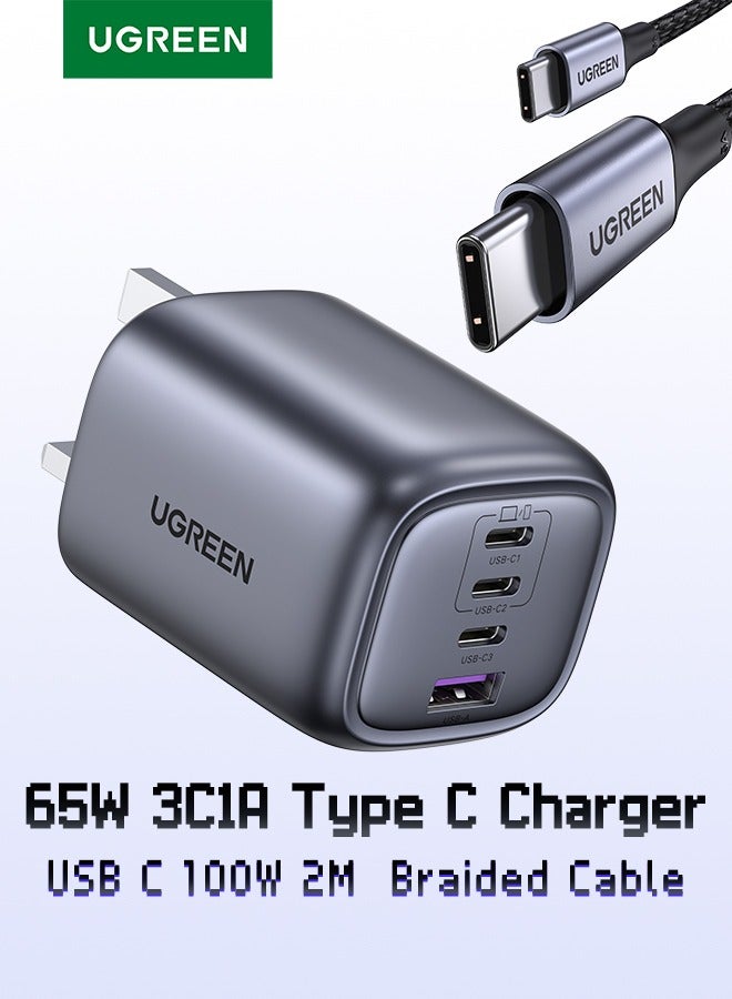 يو جرين شاحن يوجرين السريع نيكسود 65 واط مع كابل يو إس بي سي 100 واط بطول 2 متر، ومحول حائط من النوع سي وكابل PD لأجهزة آيفون 16/15، وجالاكسي إس 24 ألترا، وماك بوك برو، وآيباد، واللاب توب - رمادي فضائي - Image 1