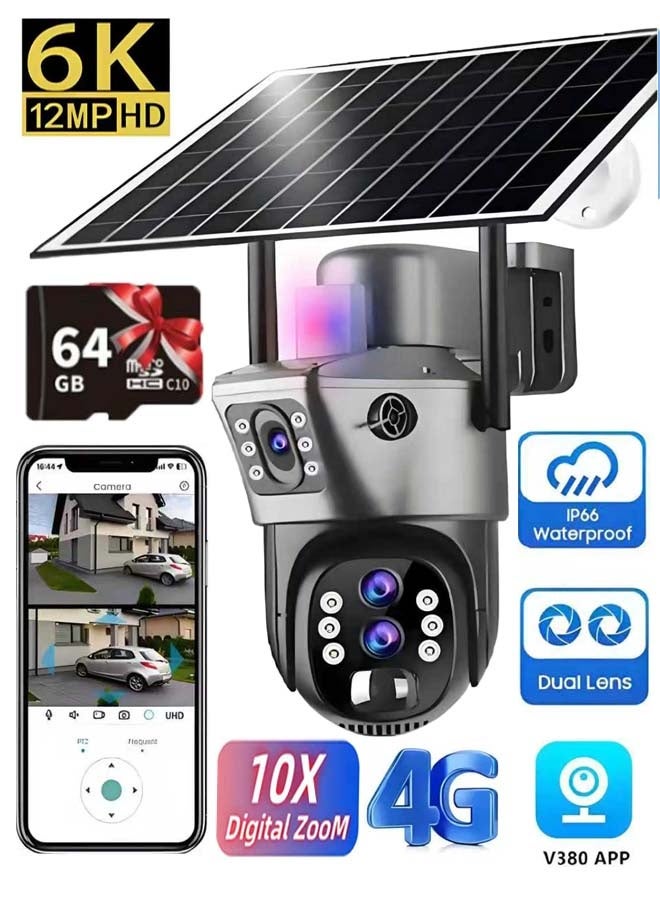 سوبر جيفتس كاميرا خارجية تعمل بالطاقة الشمسية بتكبير 10 مرات وبطاقة SIM 4G ودقة 6K و12 ميجابكسل وثلاث عدسات عالية الدقة للرؤية الليلية وكاميرا مراقبة IP وحماية أمنية وكاميرا CCTV PTZ - Image 1