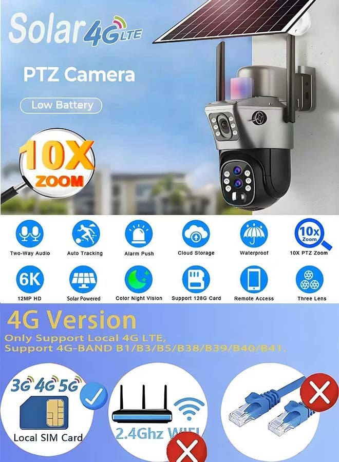 سوبر جيفتس كاميرا خارجية تعمل بالطاقة الشمسية بتكبير 10 مرات وبطاقة SIM 4G ودقة 6K و12 ميجابكسل وثلاث عدسات عالية الدقة للرؤية الليلية وكاميرا مراقبة IP وحماية أمنية وكاميرا CCTV PTZ - Image 2