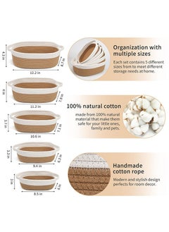 Arabest Oval Storage Basket 5 Pieces Set-Natural Cotton Rope Woven Basket, Storage Box for Organizing Small Baskets Dog Toy Basket with Handle, Cat Toy Box, Bathroom Organizer Bucket  - Image 2