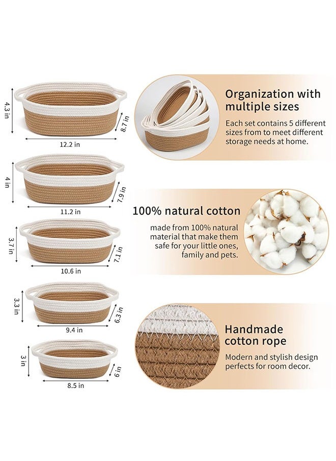 Arabest - Oval Storage Basket 5 Pieces Set-Natural Cotton Rope Woven Basket, Storage Box for Organizing Small Baskets Dog Toy Basket with Handle, Cat Toy Box, Bathroom Organizer Bucket - Image 1