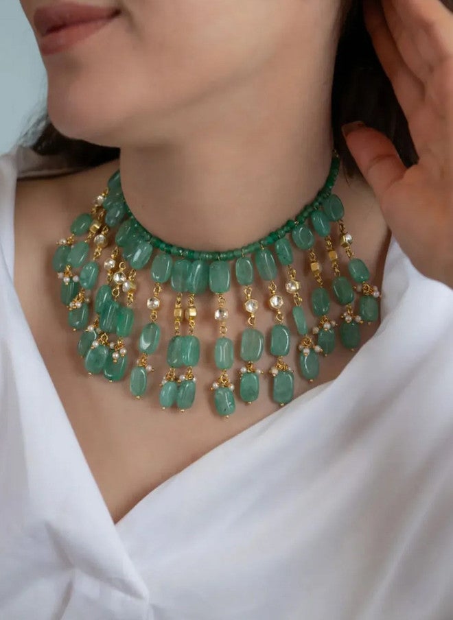 Binnis Wardrobe Gold-Plated Beaded Necklace with Green Artificial Beads - Image 1
