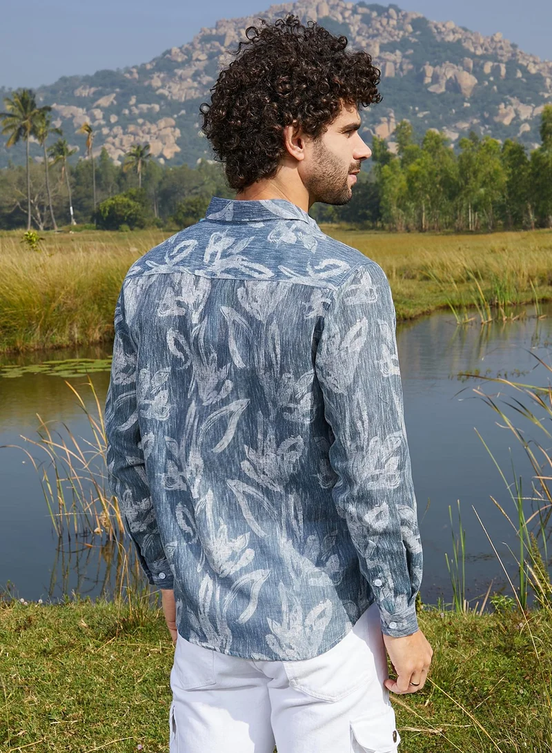 Campus Sutra Men's Steel Blue Stroked-Petals Shirt