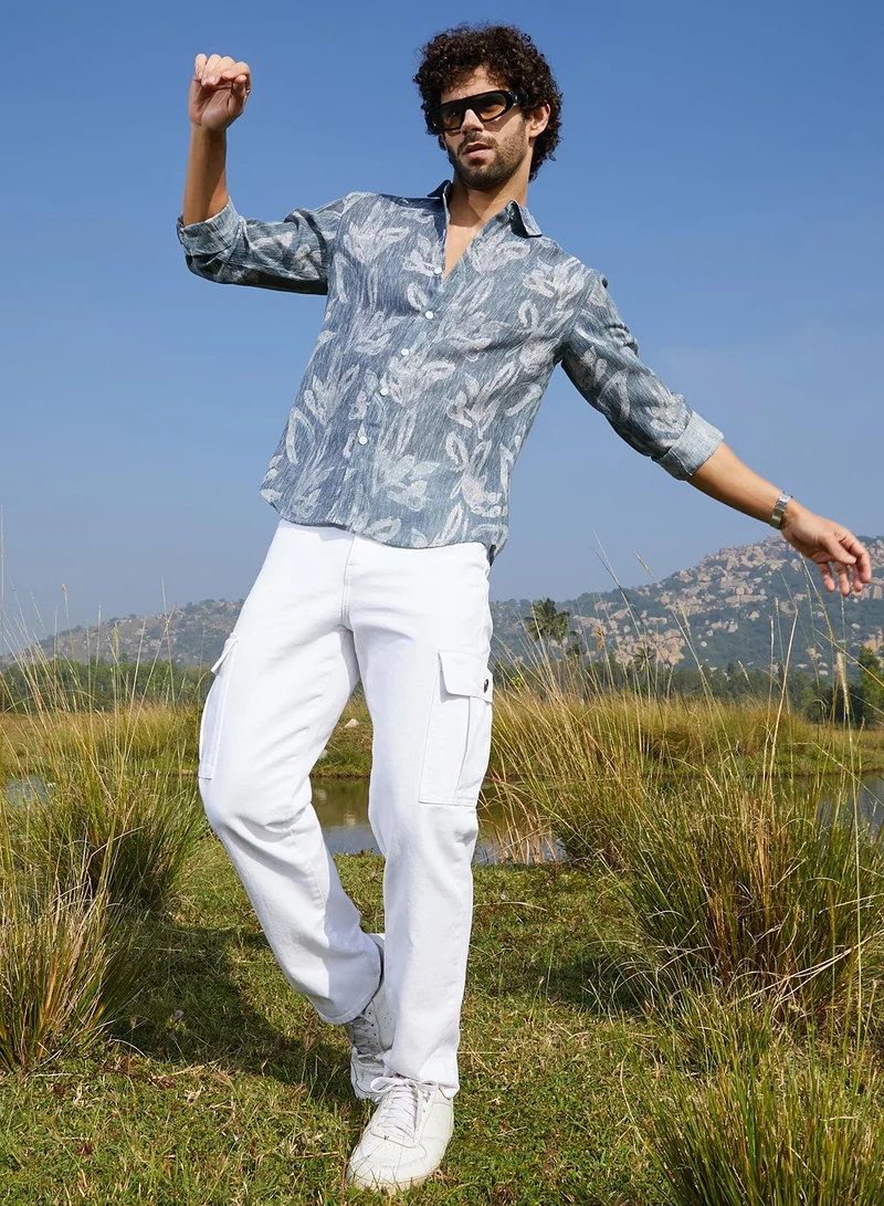 Campus Sutra Men's Steel Blue Stroked-Petals Shirt