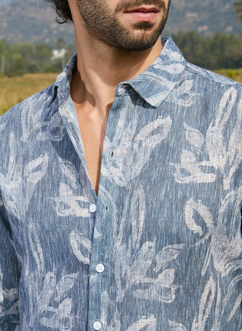 Campus Sutra Men's Steel Blue Stroked-Petals Shirt