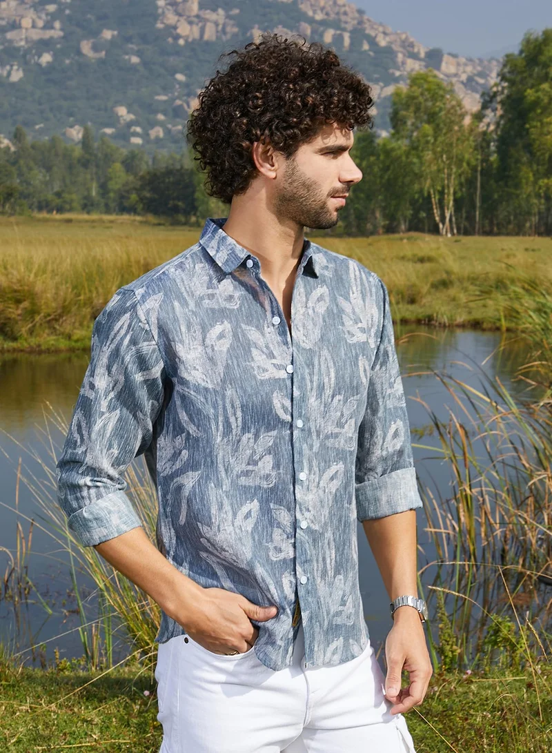 Campus Sutra Men's Steel Blue Stroked-Petals Shirt