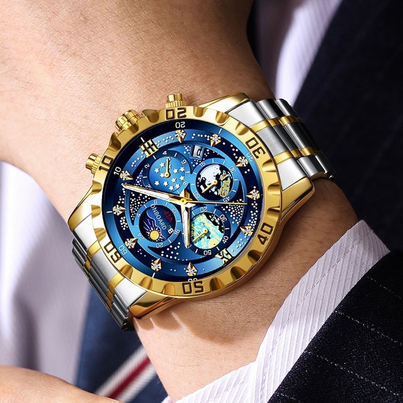 Starry Sky Multi Sub-Dials Men Quartz Watch for Saudi UAE Business Office Gentlemen, Two-Tone Gold Silver Stainless Steel Band Waterproof Chronograph Wristwatch with Luminous Hands Date Calendar Diamond Time Scale, Luxury Van Gogh Star Dial Formal Casual Business Wristwatch, Ideal Ramadan Eid Birthday Luxury Gift For  Men - Image 4