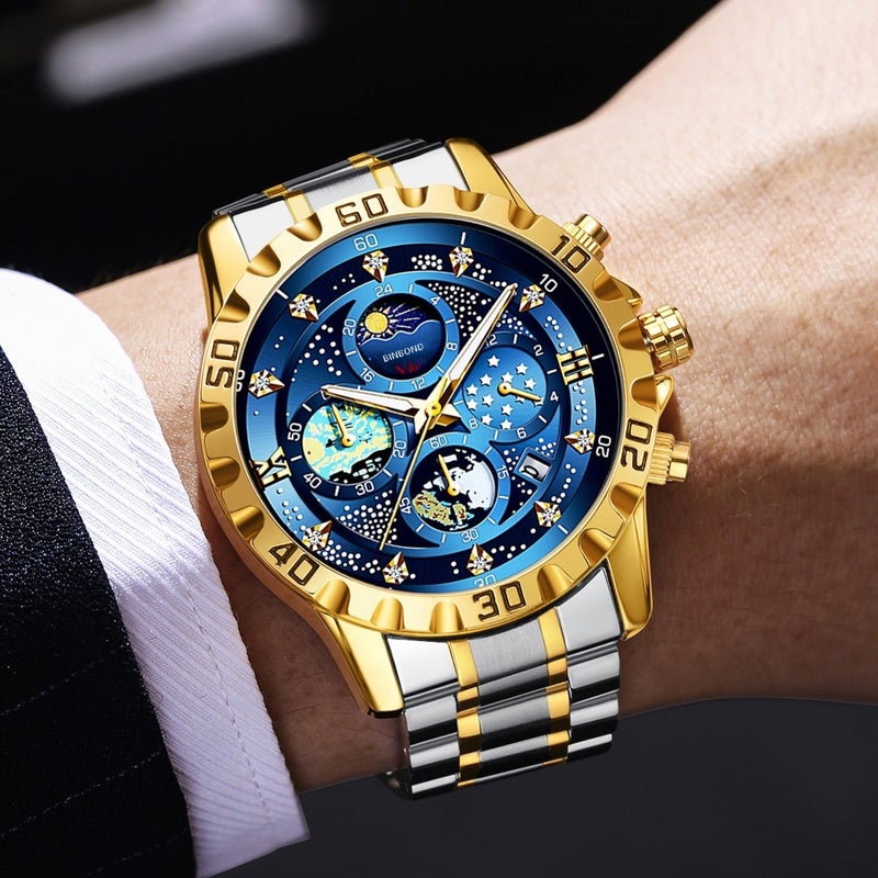 Starry Sky Multi Sub-Dials Men Quartz Watch for Saudi UAE Business Office Gentlemen, Two-Tone Gold Silver Stainless Steel Band Waterproof Chronograph Wristwatch with Luminous Hands Date Calendar Diamond Time Scale, Luxury Van Gogh Star Dial Formal Casual Business Wristwatch, Ideal Ramadan Eid Birthday Luxury Gift For  Men - Image 3
