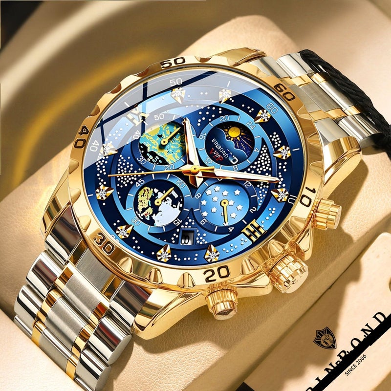 Starry Sky Multi Sub-Dials Men Quartz Watch for Saudi UAE Business Office Gentlemen, Two-Tone Gold Silver Stainless Steel Band Waterproof Chronograph Wristwatch with Luminous Hands Date Calendar Diamond Time Scale, Luxury Van Gogh Star Dial Formal Casual Business Wristwatch, Ideal Ramadan Eid Birthday Luxury Gift For  Men - Image 2