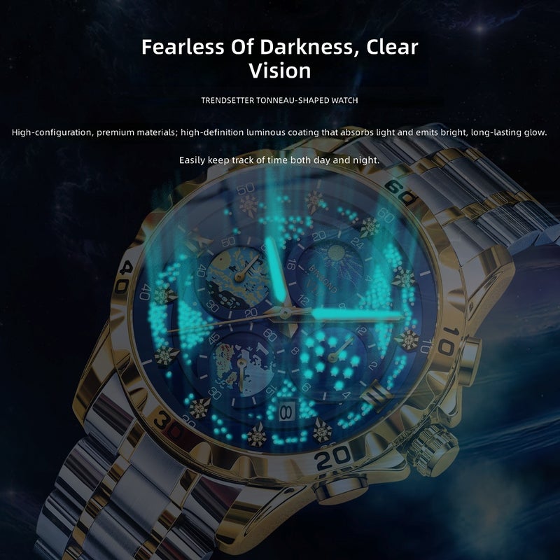 Starry Sky Multi Sub-Dials Men Quartz Watch for Saudi UAE Business Office Gentlemen, Two-Tone Gold Silver Stainless Steel Band Waterproof Chronograph Wristwatch with Luminous Hands Date Calendar Diamond Time Scale, Luxury Van Gogh Star Dial Formal Casual Business Wristwatch, Ideal Ramadan Eid Birthday Luxury Gift For  Men - Image 5