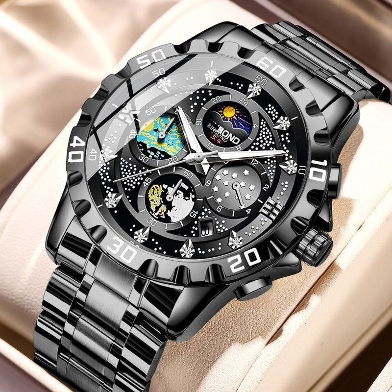 Starry Sky Multi Sub-Dials Men Quartz Watch for Saudi UAE Business Office Gentlemen, Two-Tone Gold Silver Stainless Steel Band Waterproof Chronograph Wristwatch with Luminous Hands Date Calendar Diamond Time Scale, Luxury Van Gogh Star Dial Formal Casual Business Wristwatch, Ideal Ramadan Eid Birthday Luxury Gift For  Men - Image 1