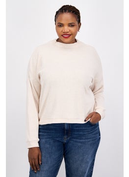 Women Mock Neck Long Sleeves Textured Top, Beige