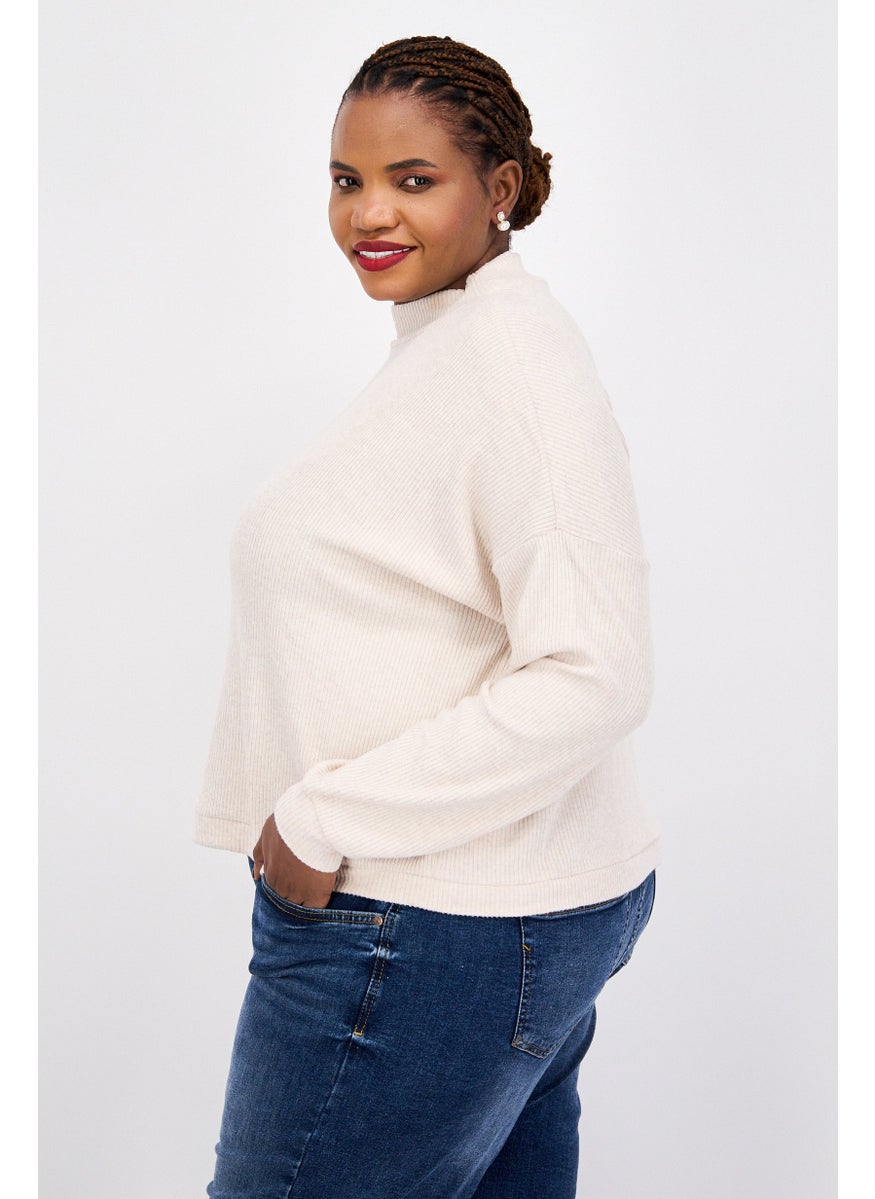 LUCKY BRAND - Women Mock Neck Long Sleeves Textured Top, Beige - Image 1