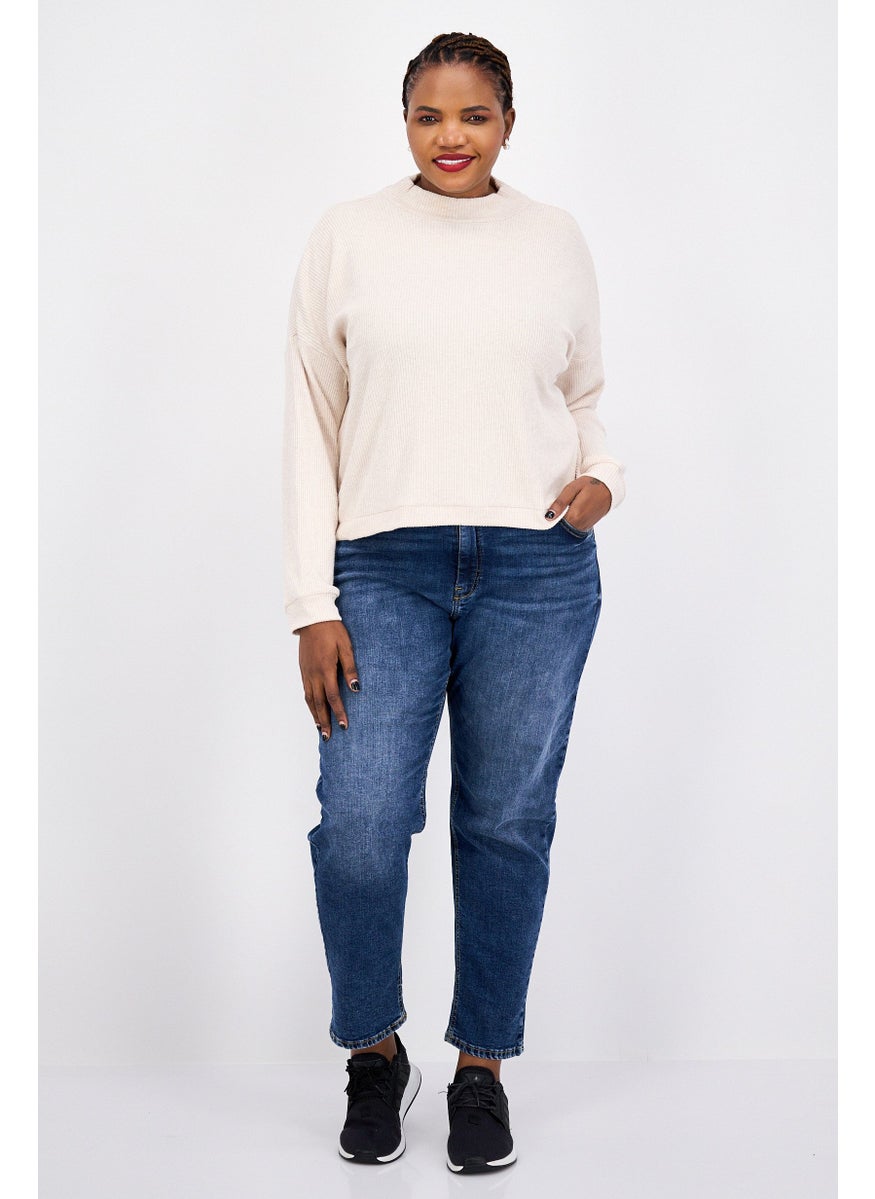 LUCKY BRAND - Women Mock Neck Long Sleeves Textured Top, Beige - Image 1