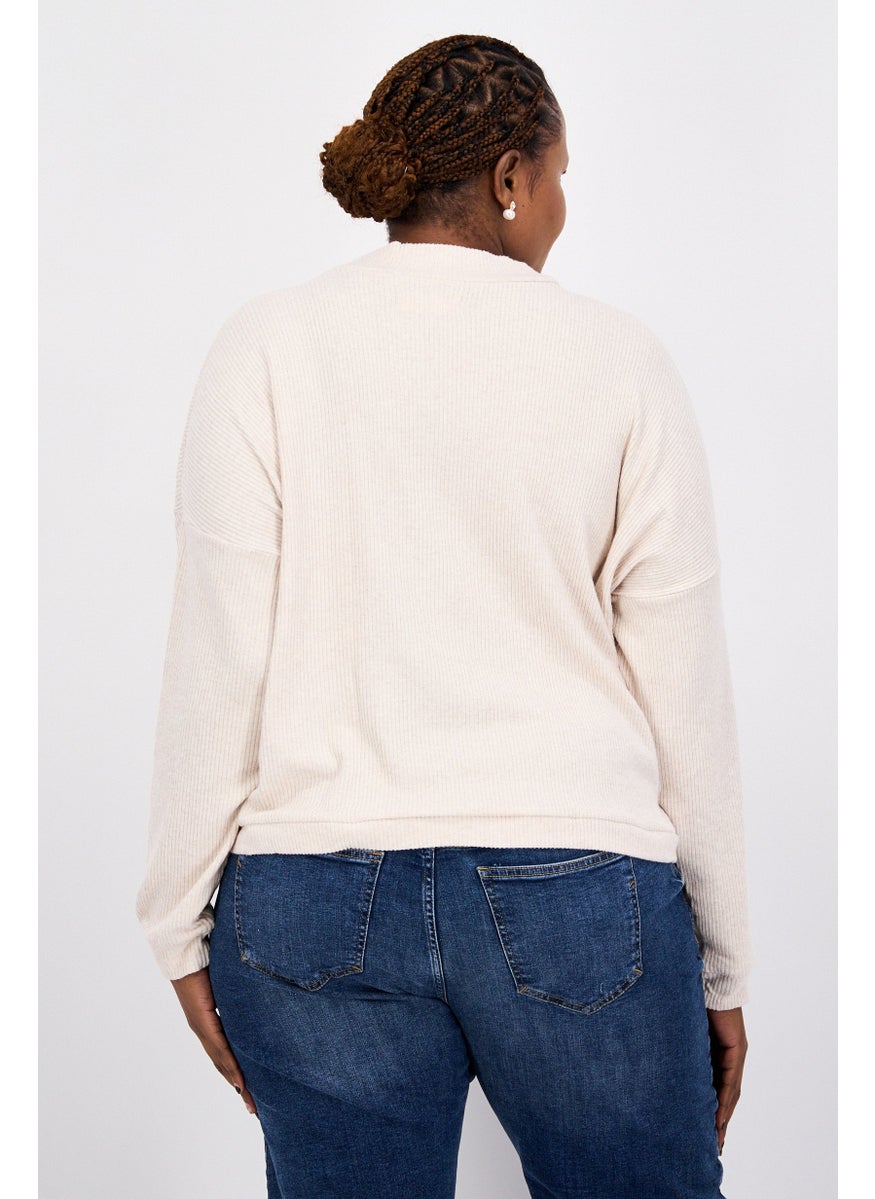 LUCKY BRAND - Women Mock Neck Long Sleeves Textured Top, Beige - Image 1