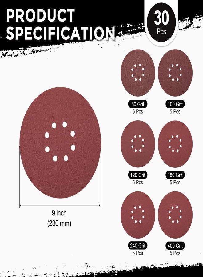 Kozelo 30 Pack Sanding Disc Kit 9 Inch 80/100/120/180/240/400 Grit 8 Hole Hook and Loop Random Orbital Sandpaper for Drywall Sander Wood Metal - Image 2