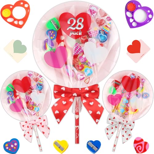 Deerher Valentines Day Gifts for Kids 28 Pack Giant Colorful Stationery Set with Valentines Cards for School Classroom Class Party Favor Valentine Gift Exchange for Boys Girls Toddler - Image 1