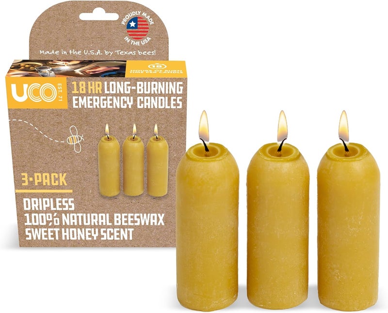 UCO Original Beeswax Emergency Candles - 3 Pack, Dripless, 18 Hour Burn Time, Sweet Honey Scent - Image 1