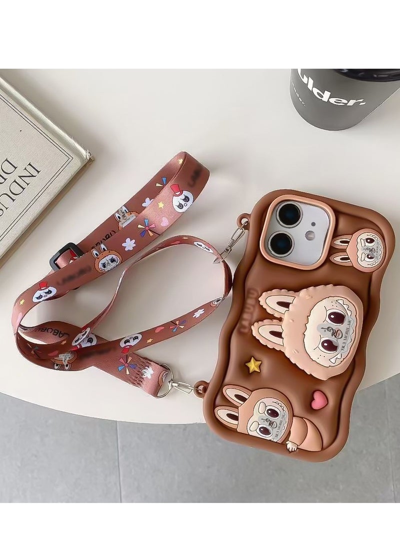 Case 3D Cute Silicone Cover with 3D Stand and  Kids Girls Soft Funny Shockproof TPU Case With Lanyard For iPhone 11 6.1 inch (Brown)