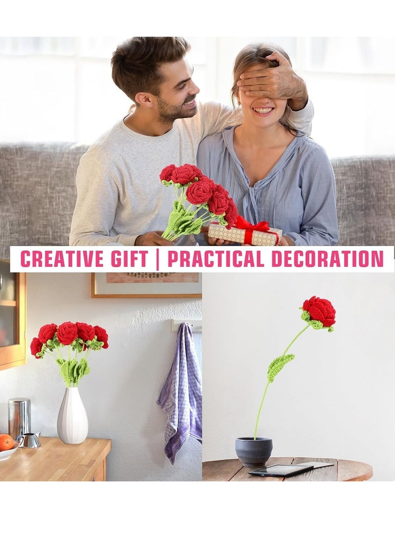 SYOSI زهور صناعية زهور كروشيه مكتملة يدوية الصنع وردة لتزيين المنزل وهدية عيد الأم وعيد الميلاد والزفاف للمعلمات والنساء تزيينات المنزل الزفاف 10 قطع أحمر - Image 3