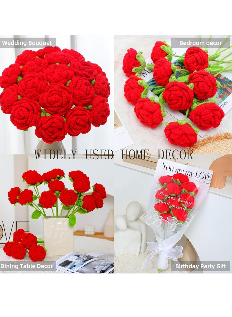 SYOSI زهور صناعية زهور كروشيه مكتملة يدوية الصنع وردة لتزيين المنزل وهدية عيد الأم وعيد الميلاد والزفاف للمعلمات والنساء تزيينات المنزل الزفاف 10 قطع أحمر - Image 2