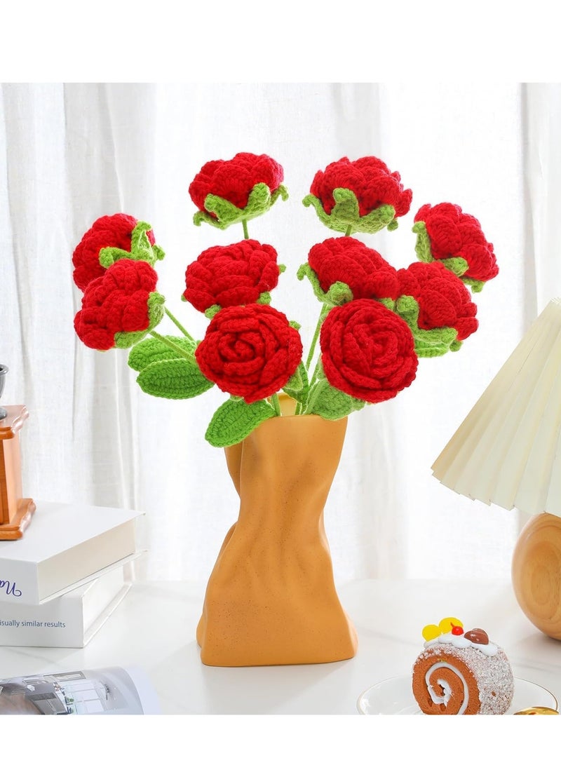SYOSI زهور صناعية زهور كروشيه مكتملة يدوية الصنع وردة لتزيين المنزل وهدية عيد الأم وعيد الميلاد والزفاف للمعلمات والنساء تزيينات المنزل الزفاف 10 قطع أحمر - Image 5