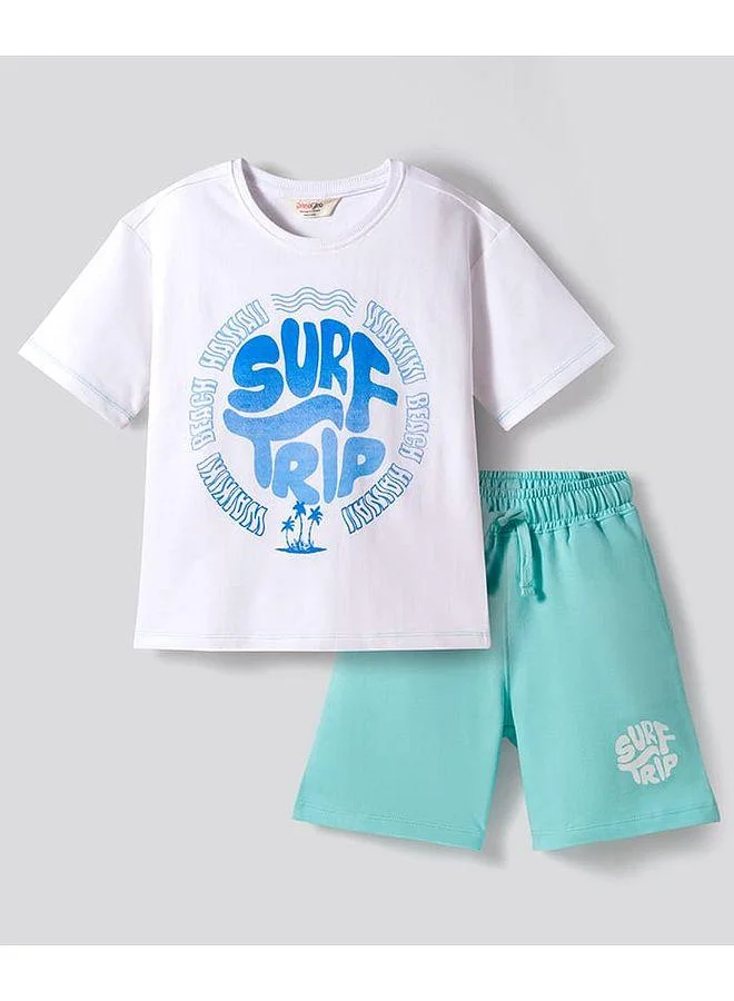 Primo Gino Primo Gino 100% Cotton French Terry Knit Oversized Drop Shoulder Half Sleeves Beach Theme Printed T-Shirt and Shorts Set - Multi Color