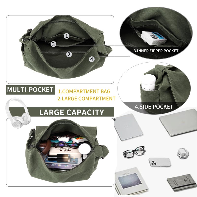 BEFUNIRISE Canvas Messenger Bag for Women Men Vintage Satchel Bag Aesthetic Crossbody Shoulder Bag Casual Sling Bag (A-Green) - Image 5