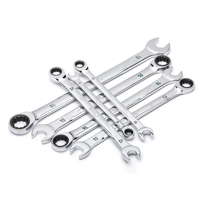 SATA 7Piece Metric 120P Professional Combination Ratcheting Wrench Set with Universal Spline Drive and 120 Opening Positions 8mm to 18mm ST08043U