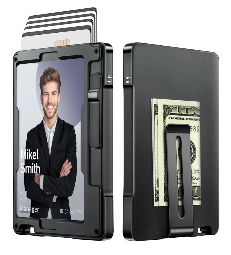 umoven Minimalist Wallet for Men, Slim Aluminum Metal Money Clip Card Holder, Pop-Up Card Case, RFID Blocking Mens Wallet with ID Window, Front Pocket Wallet for Men(Black) - Image 1