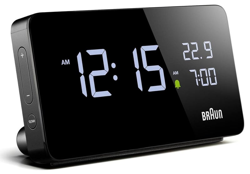 ساعة منبه رقمية من براون مع عرض التاريخ والشهر ودرجة الحرارة، شاشة LCD سلبية، ضبط سريع، منبه صفير كريسيندو باللون الاسود، موديل BC10B.