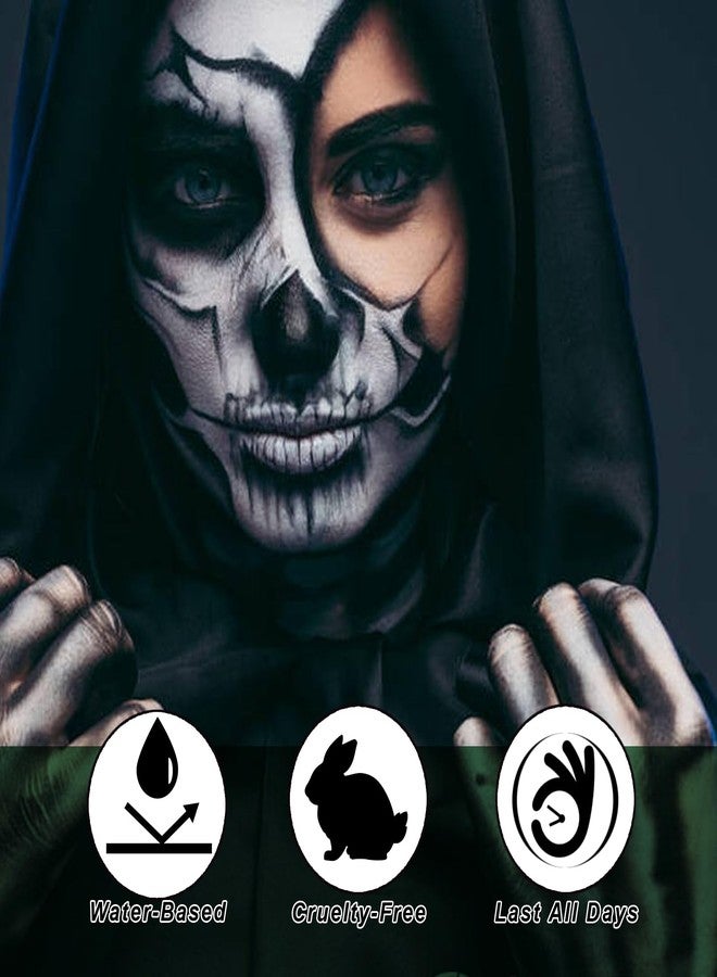 paminify طلاء وجه وجسم باميني في الأسود والأبيض والرمادي الفاتح 1.01 أونصة/قطعة مع 3 إسفنجات، مجموعة طلاء وجه مائية لرسوم المهرجين والجوكر والشيطان ومصاصي الدماء والهياكل العظمية، مكياج كوسبلاي، كريم مكياج هالوين SFX، 3.03 أونصة - Image 2