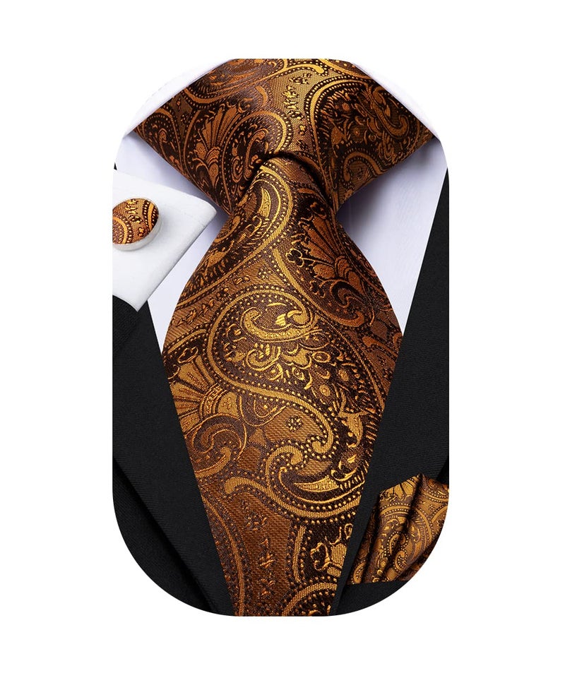 Dubulle Mens Orange Brown Paisley Floral Silk Tie for Men Striped Necktie Pocket Square Cufflinks Set Wedding Business - Image 1