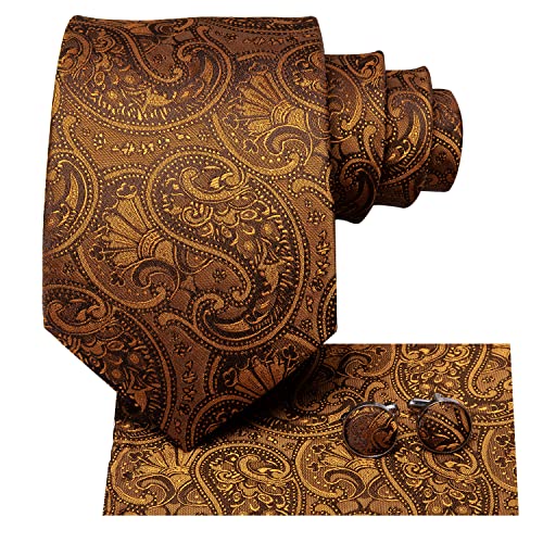 Dubulle Mens Orange Brown Paisley Floral Silk Tie for Men Striped Necktie Pocket Square Cufflinks Set Wedding Business - Image 5