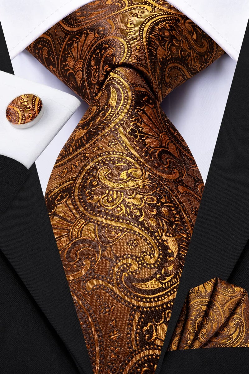 Dubulle Mens Orange Brown Paisley Floral Silk Tie for Men Striped Necktie Pocket Square Cufflinks Set Wedding Business - Image 2