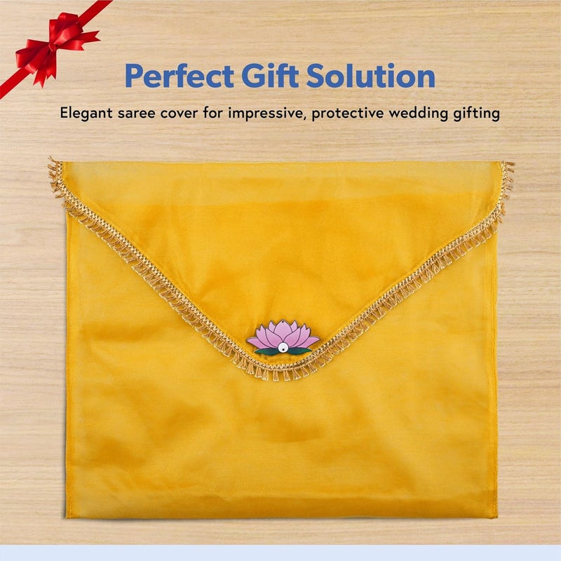 Kuber Industries 12 Pcs Double Layer Organza Saree Covers for Gifting with Flower Flap Closure | Wedding Saree Cover | Single Saree/Suit Packing Shagun Cloth Cover | Golden Lace - Yellow - Image 2