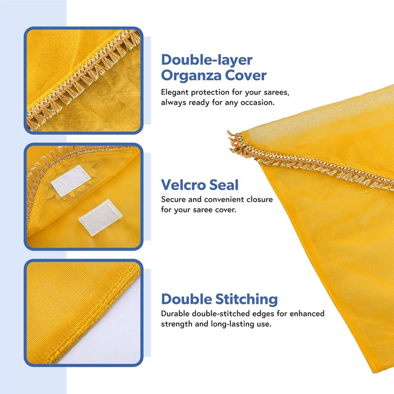 Kuber Industries 12 Pcs Double Layer Organza Saree Covers for Gifting with Flower Flap Closure | Wedding Saree Cover | Single Saree/Suit Packing Shagun Cloth Cover | Golden Lace - Yellow - Image 4