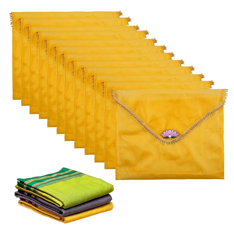 Kuber Industries 12 Pcs Double Layer Organza Saree Covers for Gifting with Flower Flap Closure | Wedding Saree Cover | Single Saree/Suit Packing Shagun Cloth Cover | Golden Lace - Yellow - Image 1