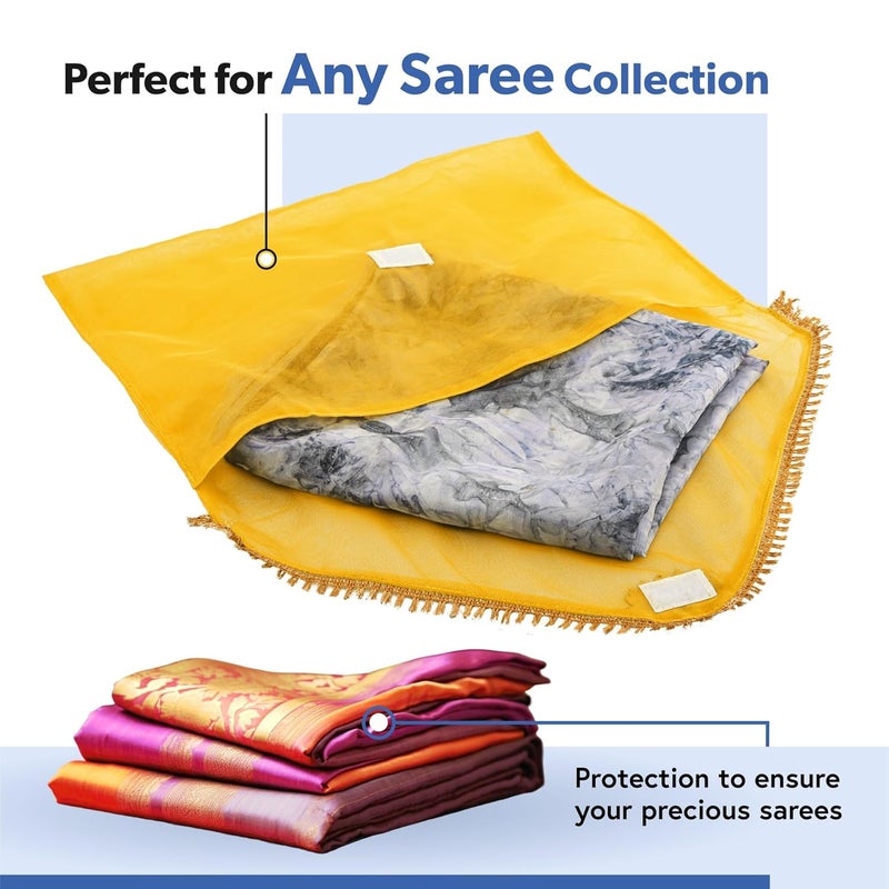 Kuber Industries 12 Pcs Double Layer Organza Saree Covers for Gifting with Flower Flap Closure | Wedding Saree Cover | Single Saree/Suit Packing Shagun Cloth Cover | Golden Lace - Yellow - Image 5