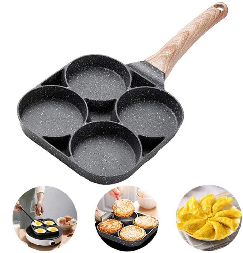 PRETOX 4 Hole Non Stick Egg Frying pan with Detachable Wooden Handle,Multi Purpose for Omelet uttapam idli Burger Poached Kitchen Breakfast Ceramic Non-Stick Pan with Pancake Fried Pan (1-Pcs Black) - Image 1