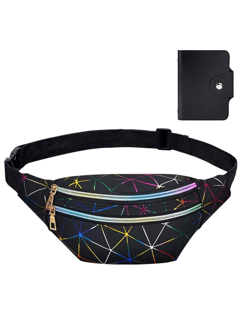 SOLARAE Waist Bag, Holographic Fanny Pack with PU Leather, Shiny Belt Bag Festival Rave Bumbags with 1 Business Card Holder for Ladies Travel Party Sports Running Hiking(Black) - Image 1