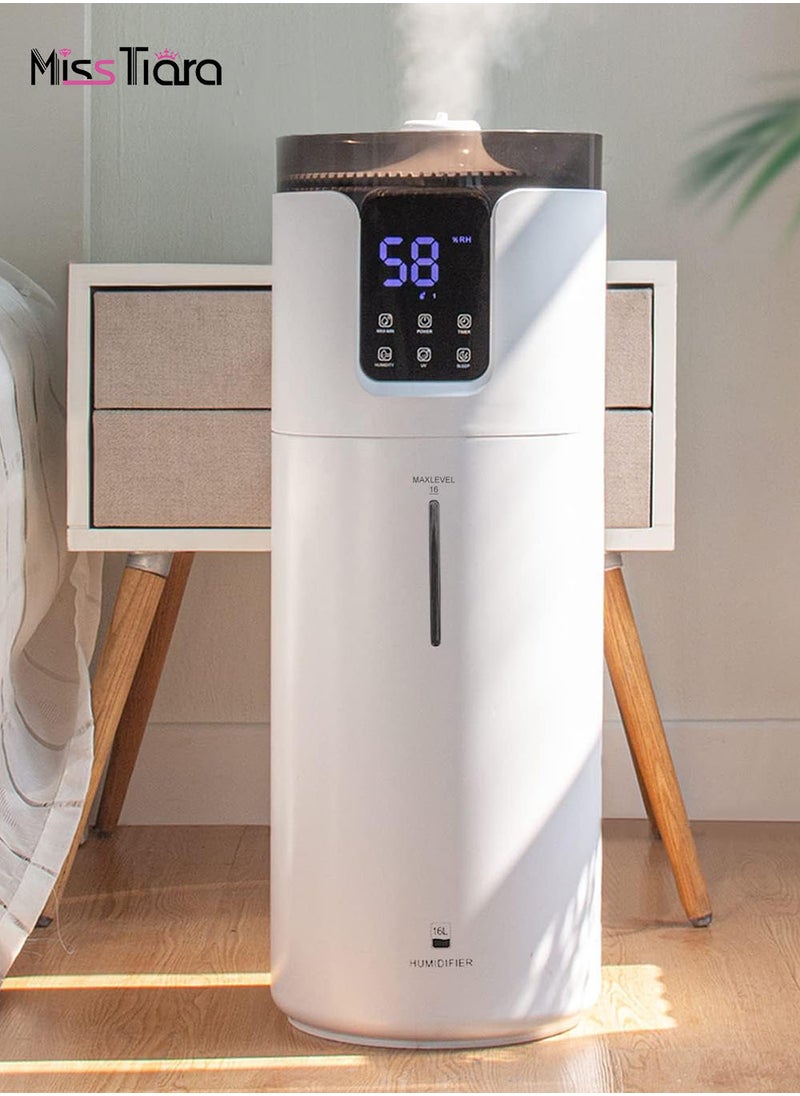 MissTiara - 16L Silent Large Cool Mist Humidifier Whole House 150m² Cool Mist Top Fill Floor Humidifier with Essential Oil Tray Extension Tube 4 Mist Modes Remote Control Suitable for Home Baby Room Office - Image 1