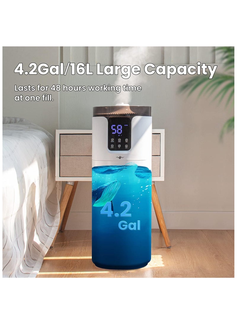 MissTiara - 16L Silent Large Cool Mist Humidifier Whole House 150m² Cool Mist Top Fill Floor Humidifier with Essential Oil Tray Extension Tube 4 Mist Modes Remote Control Suitable for Home Baby Room Office - Image 1
