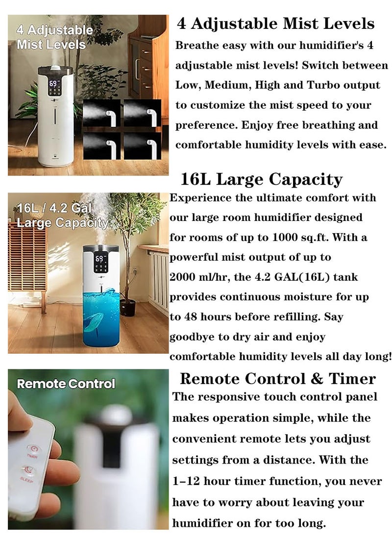 MissTiara - 16L Silent Large Cool Mist Humidifier Whole House 150m² Cool Mist Top Fill Floor Humidifier with Essential Oil Tray Extension Tube 4 Mist Modes Remote Control Suitable for Home Baby Room Office - Image 1