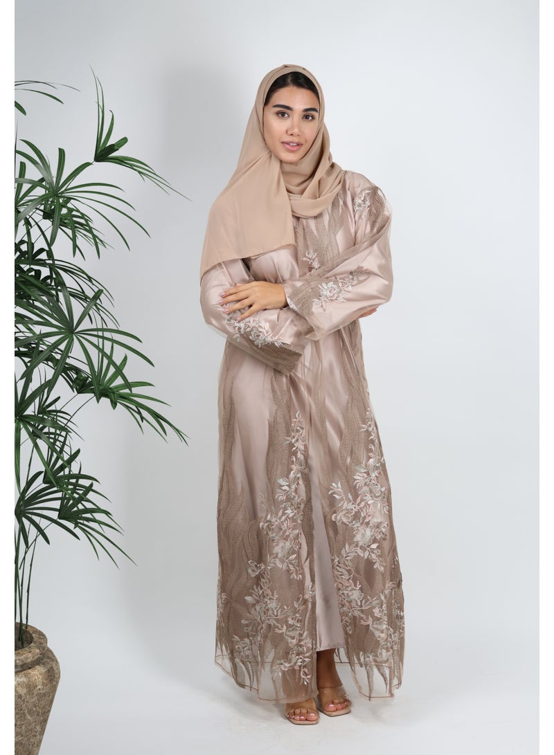 JAMEELA Beige Abaya with Floral Embroidery - Image 1